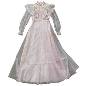 Vintage 1970s Victorian Edwardian Style Lace Maxi Dress Pink Small prairie 70s